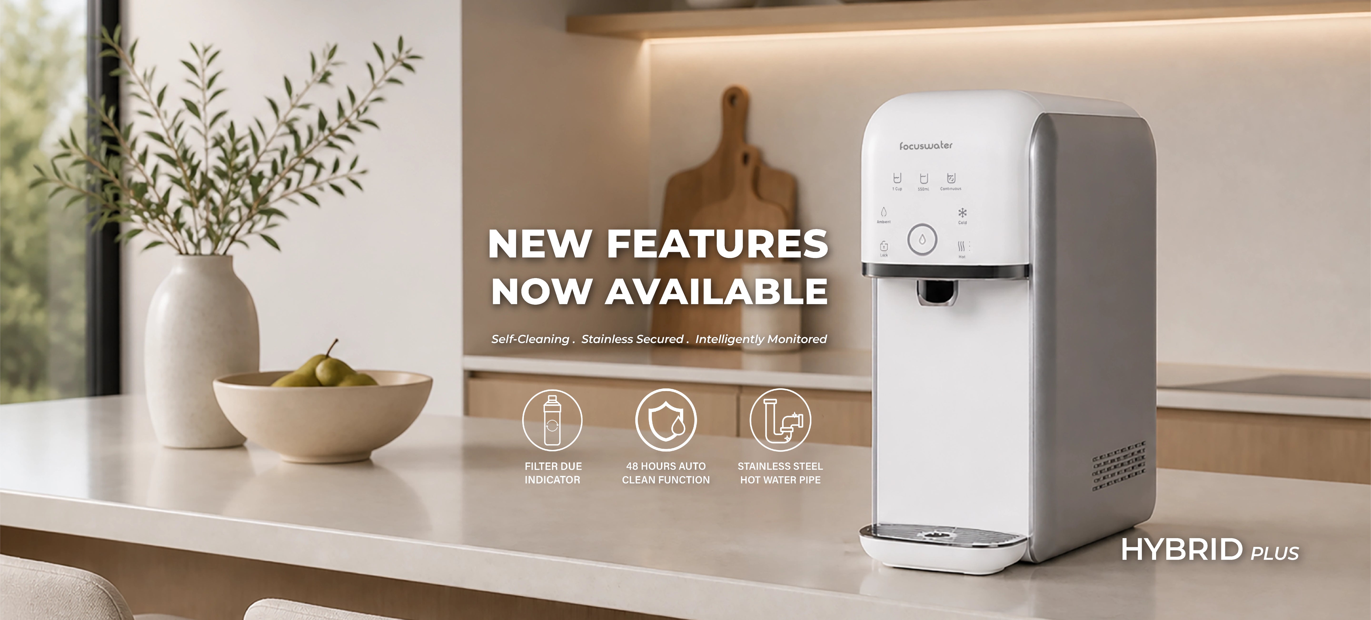 focuswater Hybrid Plus slim water dispenser in modern kitchen
